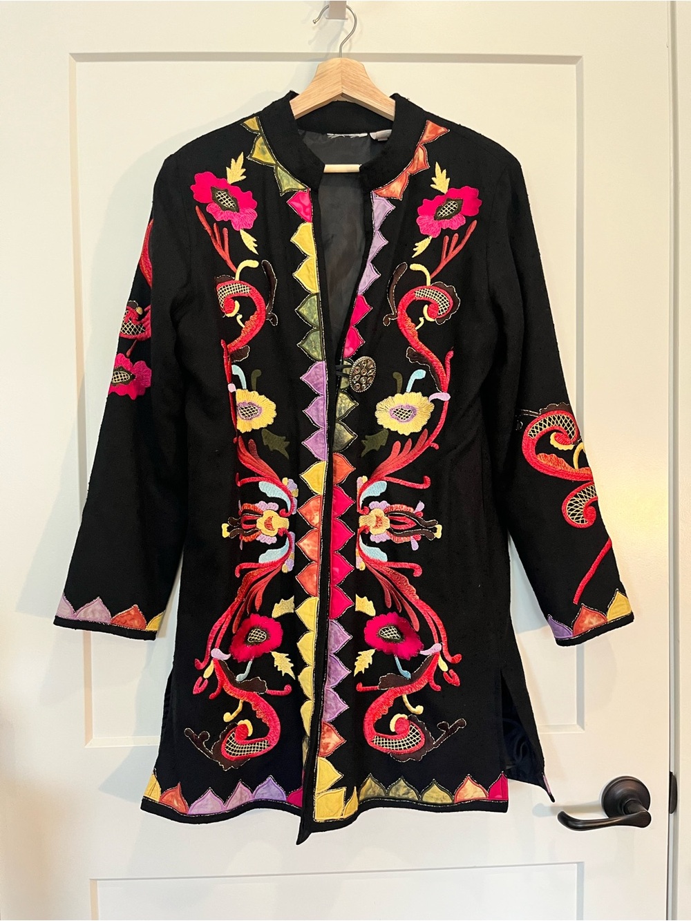 Soft Surroundings Floral Embroidered Boho Cottagecore Black Duster Jacket Sz M